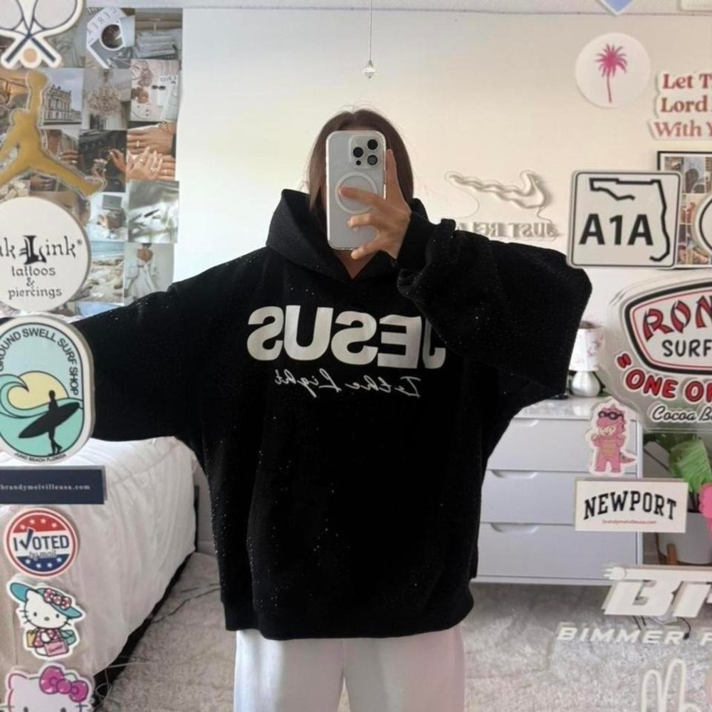 Black Bedazzled "Jesus Is The Light Of The World" Hoodie - Picture 2 of 8
